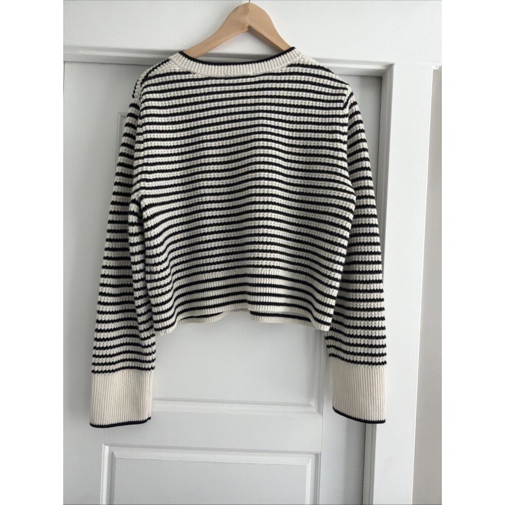 Madewell Waffle-Knit 100% Merino Wool Long Sleev Cardigan in Stripe Black Crm XL - Picture 7 of 9